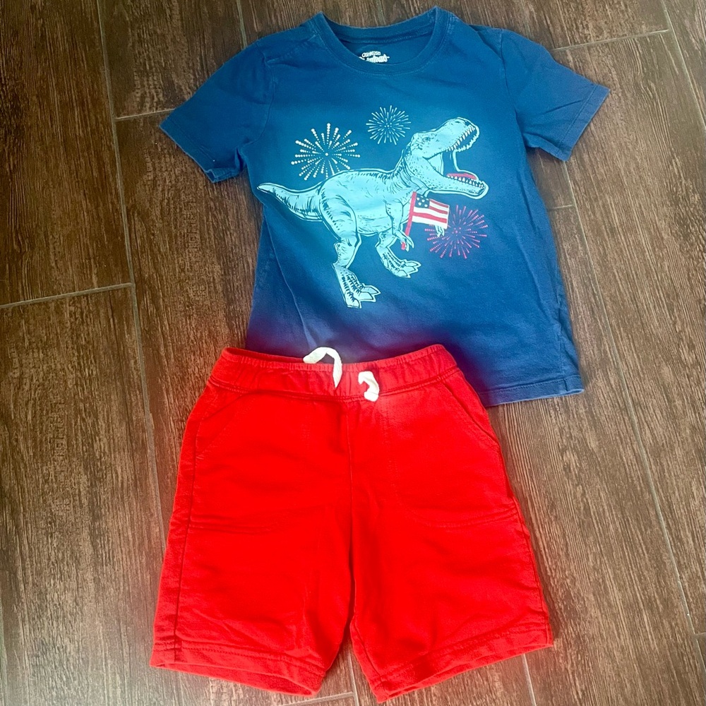 OshKosh Originals Navy Fireworks T-Shirt & Cat & Jack Red Stretch Shorts Size 5T